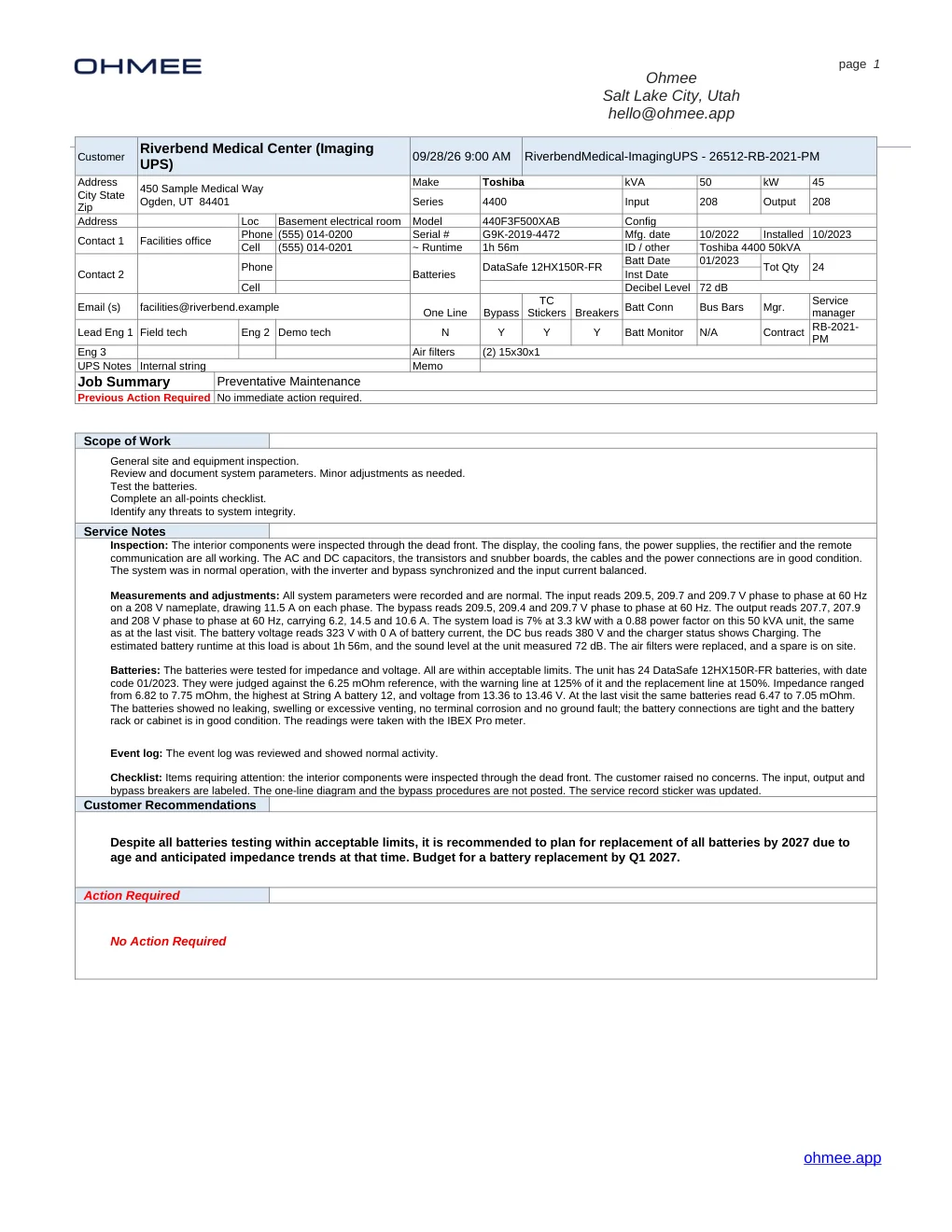 OHMEE generated customer report page