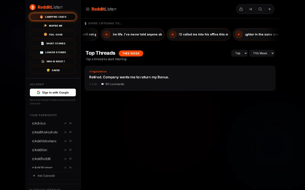 RedditListen interface