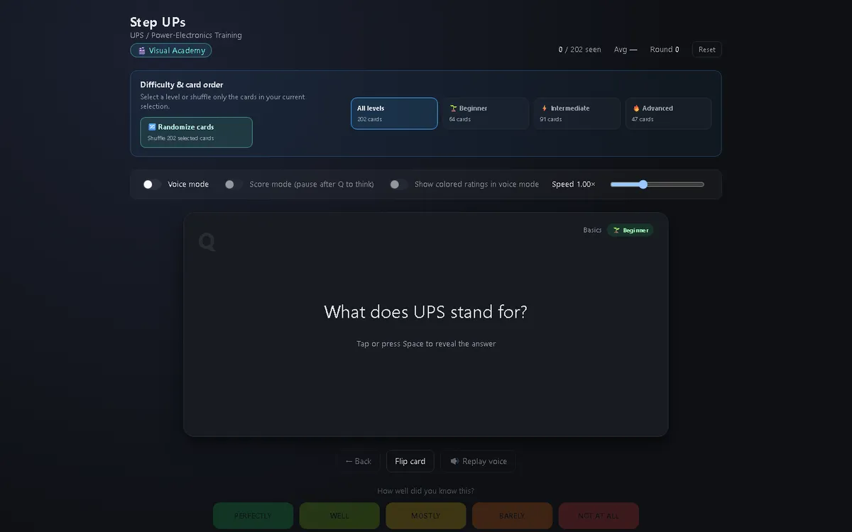 StepUPs Flashcards interface